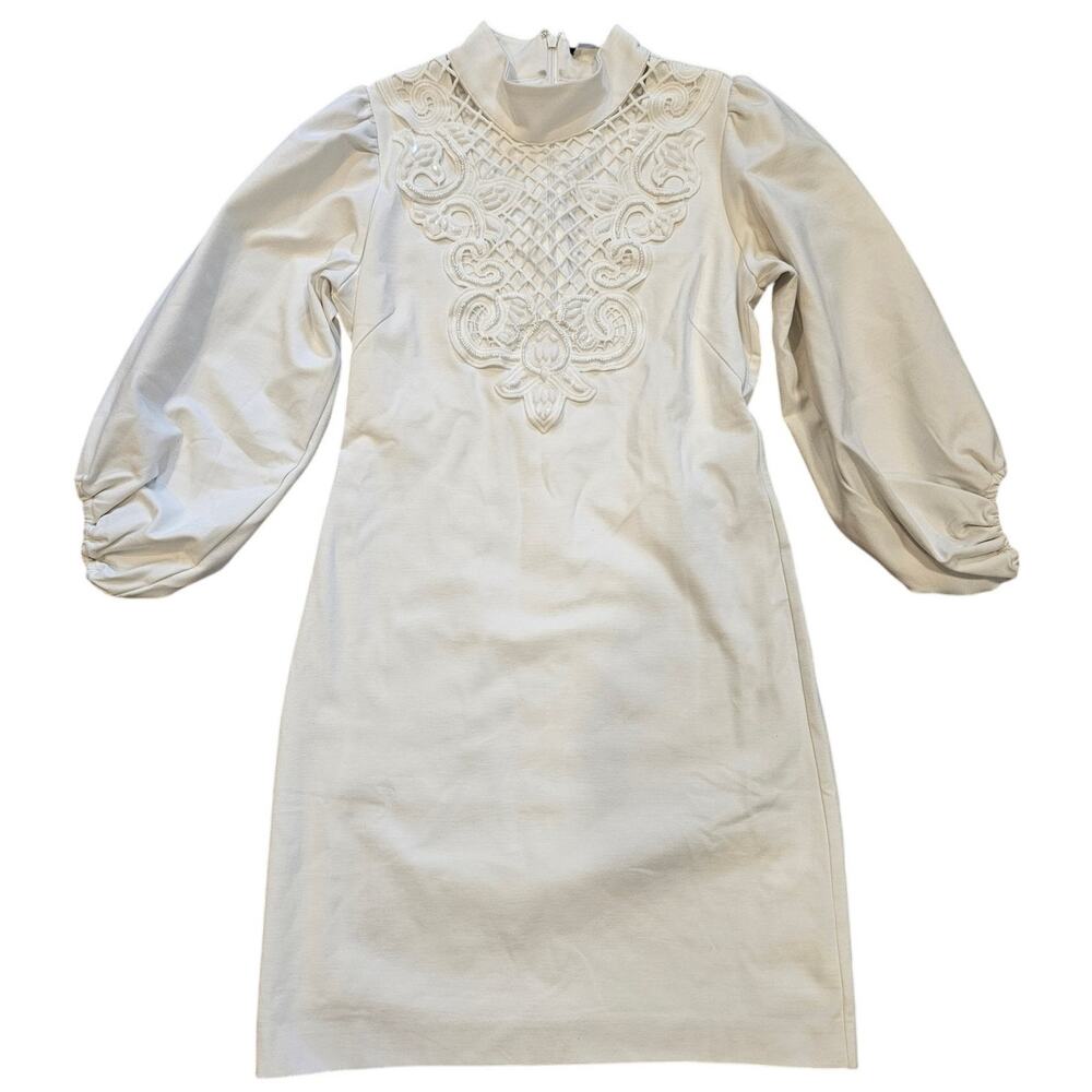 Boston Proper White 3/4 Sleeve Knee Length Lace Beaded Dress sz 4 Wedding Retro